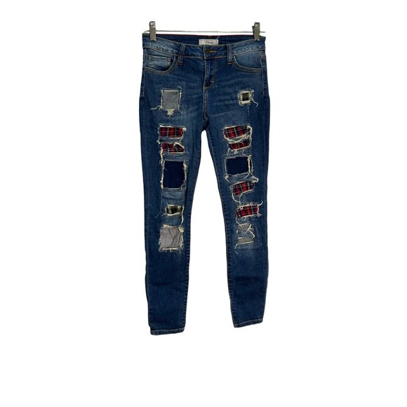 Distressed Plaid Patch Skinny Jeans By Cello Denim Trendsetter Street Style - Picture 10 of 10